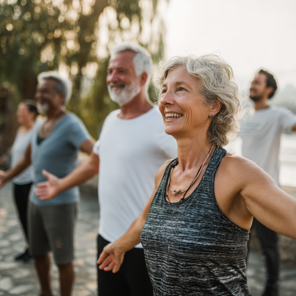 Group of white ukranian mature adults enjoying fitness activities together in outdoor setting