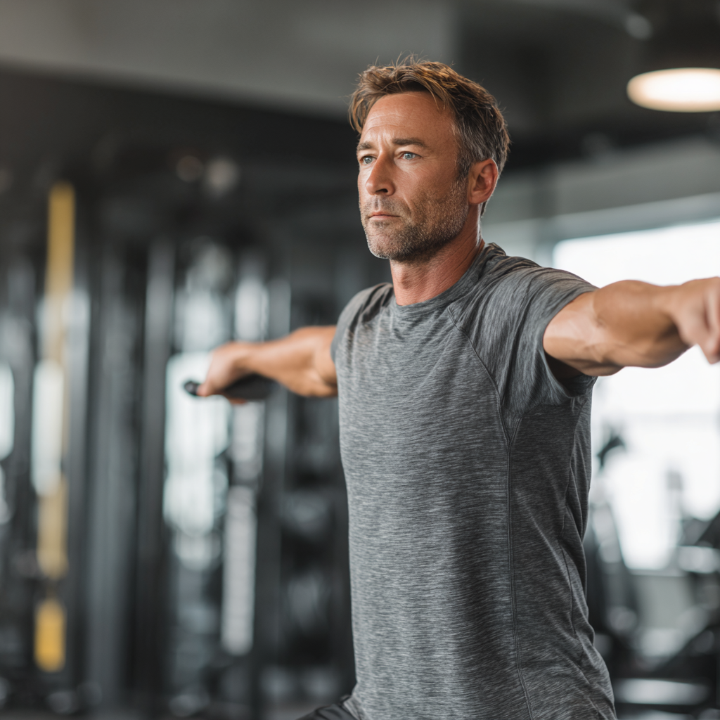 Middle-aged fitness trainer demonstrating proper exercise technique in modern gym setting